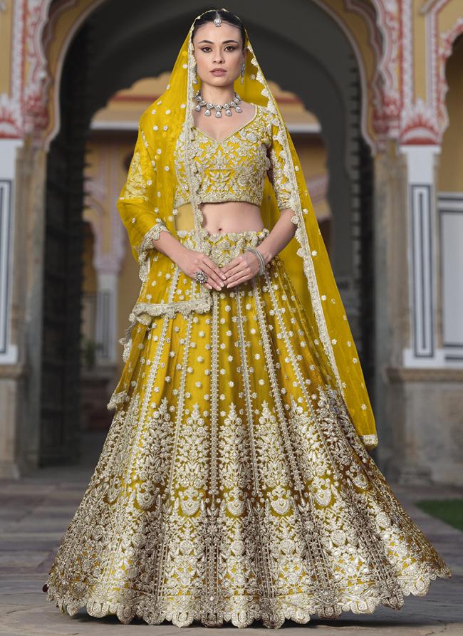 Butterfly Net Yellow Wedding Wear Embroidery Work Lehenga Choli